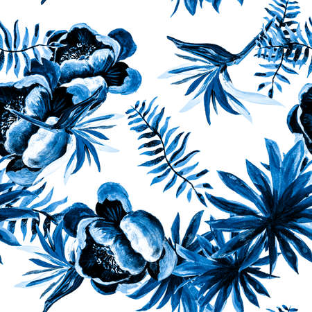 Blue Tropical Art. White Seamless Nature. Cobalt Pattern Vintage. Indigo Drawing Art. Navy Floral Art. Gray Decoration Background. Decoration Plant.の写真素材
