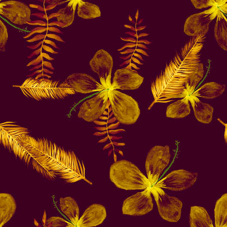 Autumn Seamless Design. Yellow Pattern Palm. Violet Tropical Leaves. Beige Flower Background. Purple Drawing Design. Vintage Watercolor Background. Spring Background.の写真素材