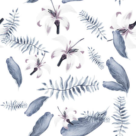 Indigo Pattern Illustration. White Tropical Palm. Blue Seamless Palm. Gray Flower Palm.Summer Botanical.Decoration Vintage. Flora Hibiscus. Spring Palm.の写真素材