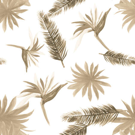 Gray Pattern Painting. White Seamless Plant. Tropical Illustration. Watercolor Art. Spring Botanical. Decoration Leaf. Drawing Art. Wallpaper Texture.の写真素材