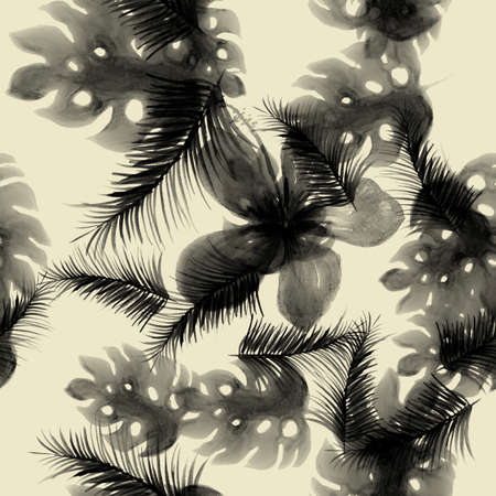 White Seamless Painting. Black Pattern Botanical. Gray Tropical Vintage. Monstera Leaves. Spring Textile. Decoration Exotic. Wallpaper Painting. Watercolor Hibiscus.の写真素材