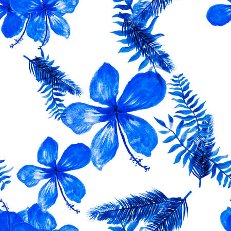 Cobalt Seamless Botanical. Indigo Pattern Background. Blue Tropical Design. Pink Flower Palm. Coral Drawing Design. Gray Flora Hibiscus. Navy Decoration Design.の写真素材