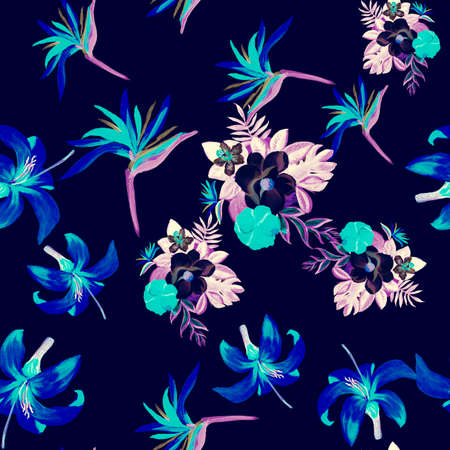Blue Pattern Vintage. White Seamless Leaf. Navy Tropical Design. Cobalt Flower Leaves. Pink Garden Foliage. Azure Drawing Painting. Decoration Nature.の写真素材
