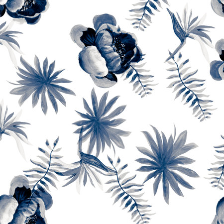 Azure Pattern Textile. Blue Tropical Leaves. Navy Floral Leaf. Indigo Flora Leaves. Cobalt Decoration Textile. White Wallpaper Illustration. Gray Spring Nature.の写真素材