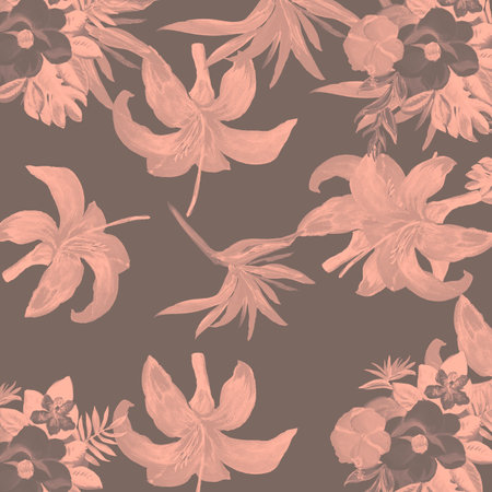 Black Pattern Hibiscus. Pink Tropical Painting. Coral Floral Textile. Decoration Texture. Floral Exotic. Summer Foliage. Spring Exotic. Wallpaper Art.の写真素材