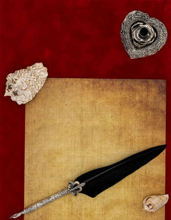 Classic Valentineâs Day card idea vintage parchment seashells silver quill and stand blank love letter on burgundy velvet fabric top viewの写真素材