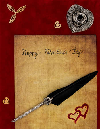 Classic Happy Valentineâs Day card hand written on parchment wooden decorations 2 red painted harts silver quill and stand on burgundy velvet top viewの写真素材