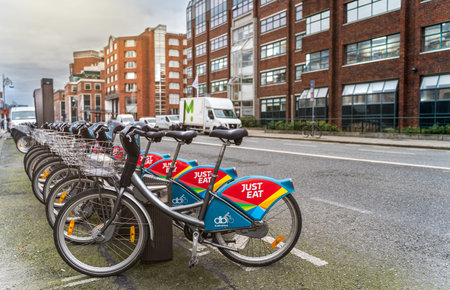 Dublin, Ireland â€“ January 2019 Dublinâ€™s new city bikes station, ecological awareness...