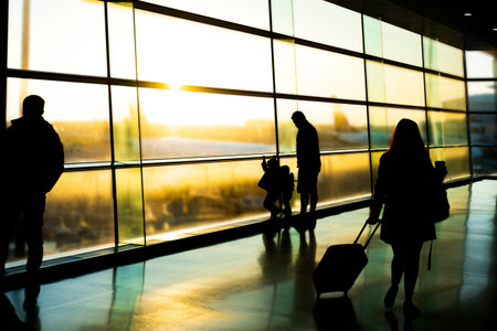 Airport, silhouette of father with kids and passengers, Dublin Ireland, sunriseの写真素材