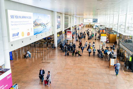 Brussels, Belgium, May 2019 Brussels airport, people checking in for their flights, departures area, top viewのeditorial素材