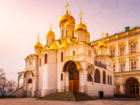 Cathedral of the Annunciation with majestic golden copulas or domes in Kremlin at beautiful sunrise, Moscow, Russiaのeditorial素材