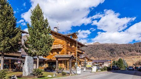 Livigno, Italy, April 2016 Traditional Alpine wooden architecture in the village, Livigno is a ski centre for Italian Alpsのeditorial素材