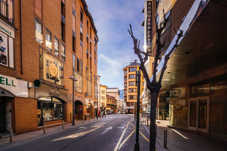 Andorra la Vella, Andorra, February 2018 Typical or traditional streets of Andorra la Vella. Renowned duty free shopping and ski destinationのeditorial素材