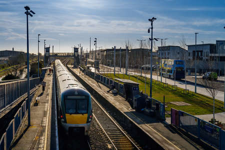 Dublin transportation hub for tram, train and bus in Broombridge station, illustrates lower number of commuters during epidemics Covid 19, coronavirusの写真素材
