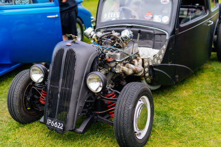 Bray, Ireland, June 2018 Bray Vintage Car Club show, open air retro cars display. Well groomed black Hot Rod Ford from 1932 with open hoodのeditorial素材