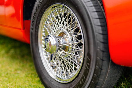 Bray, Ireland, June 2018 Bray Vintage Car Club show, open air retro cars display. Close up on alloy...