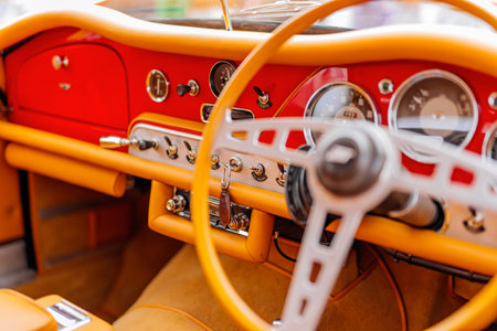 Bray, Ireland, June 2018 Bray Vintage Car Club show, open air retro cars display. Close up on clocks...