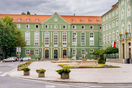 Szczecin, Poland, June 2018 Green buildings of Stettin City Council with fountains and flower decorationのeditorial素材