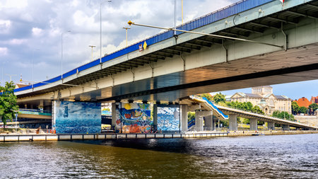 Szczecin, Poland, June 2018 Labuda Bridge over Oder River one of main arteries in Stettin. Chrobry...