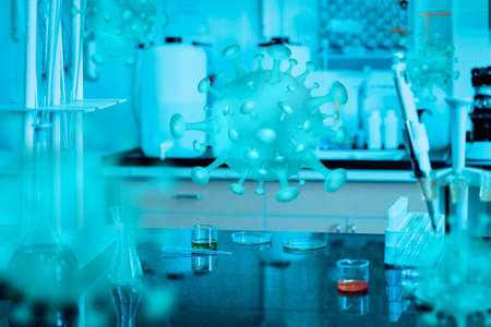 Samples in lab glassware surrounded by lab equipment in hospital laboratory with translucent coronavirus cell depicting covid 19 vaccination researchの写真素材