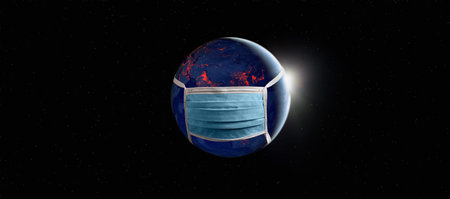 Red coronavirus infecting and spreading around the world. Planet earth with face mask quarantined by...