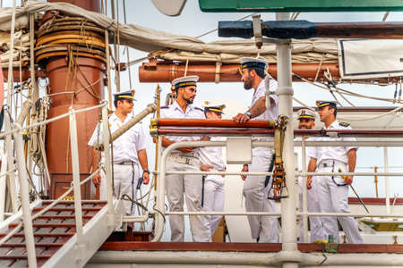 Szczecin, Poland, June 2019 Ship crew on beautiful old sailboat Juan Sebastian de Elcano at Tall Ship races in Stettin, moored at Chrobry Shafts pierのeditorial素材