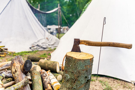 An axe stuck in the stump of a tree with chopped logs at historical reenactment of Slavic or Vikings lifestyle around 11th century, Cedynia, Polandの写真素材