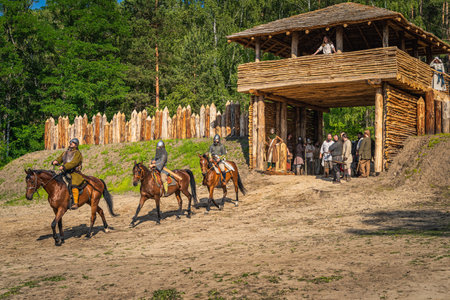 Cedynia, Poland June 2019 Historical reenactment of Battle of Cedynia, an army of Mieszko I of Poland defeated forces of Hodo of Germany, 11th centuryのeditorial素材