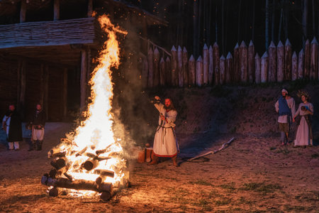 Cedynia, Poland, June 2019 Pagan reenactment of Kupala Night, called in Poland Noc Kupaly, shaman...