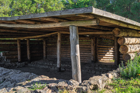 Old wooden bunker from World War 2 with oversight of Odra River, natural border between Poland and Germany, near Gozdowiceの写真素材