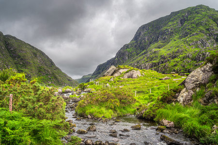 Small lake in beautiful green mountain valley, Gap of Dunloe, with winding road going between steep hills in Black Valley, County Kerry, Irelandの素材 [FY310161806495]