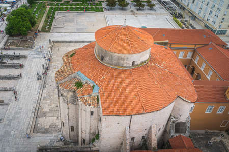 Drone or birds eye view on St. Donata, circular church, formerly domed, in early Romanesque architecture style, Zadar old town, Croatiaの写真素材