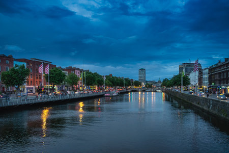 Dublin, Ireland, August 2019 Dublin nightlife. Night photography of OConnell bridge and Eden Quay...
