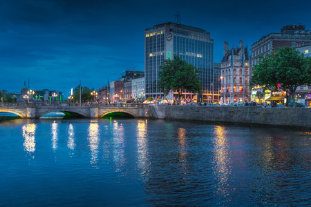 Dublin, Ireland, August 2019 Dublin nightlife. Night photography of OConnell street and bridge, tall...