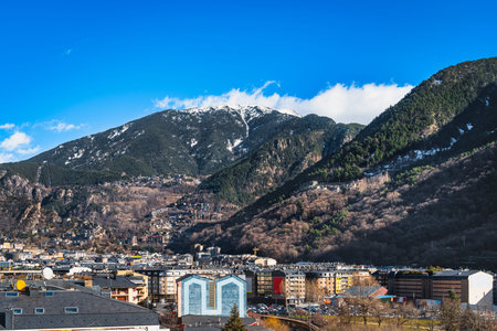 Cityscape of Andorra la Vella capita city of Andorra at the foothill of beautiful Pyrenees Mountain...