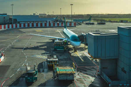 Dublin, Ireland, Feb 2020 Aer Lingus Boeing airplane parked in a bay on Dublin Airport. Service crew and equipment in operation on airport runwayのeditorial素材