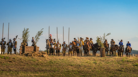 Gniew, Poland, Aug 2020 Polish hors cavalry, Hussars, pikemans and musketeers behind fortifications, historical reenactment of Battle of Gniewのeditorial素材