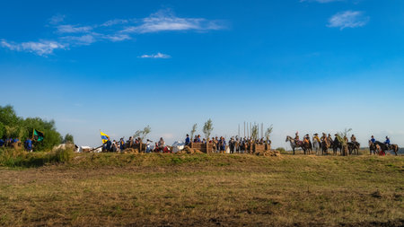 Gniew, Poland, Aug 2020 Polish hors cavalry, Hussars, pikemans and musketeers behind fortifications, historical reenactment of Battle of Gniewのeditorial素材