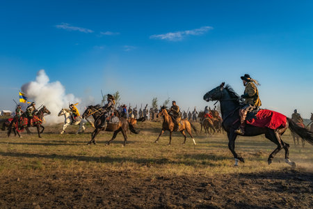 Gniew, Poland, Aug 2020 Historical reenactment of Battle of Gniew, Polish Swedish war from 16th century. Cavalry fight on a battlefieldのeditorial素材