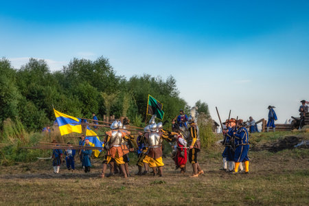Gniew, Poland, Aug 2020 Pikeman and musketeers in battle formation, historical reenactment of Battle of Gniew, Polish Swedish warのeditorial素材