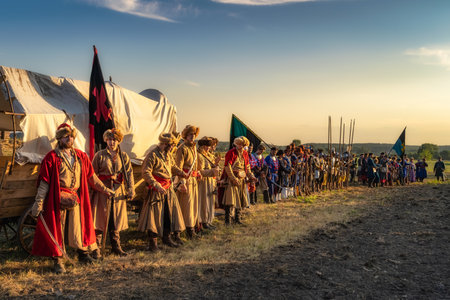 Gniew, Poland, Aug 2020 Polish and Swedish infantry standing and presenting their weapons and uniforms, historical reenactment, Battle of Gniewのeditorial素材