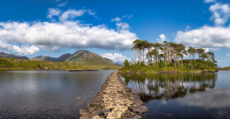 Stone path leading to reflective Pine Island in Connemara, Galway, Ireland. Symmetrical mirror of...