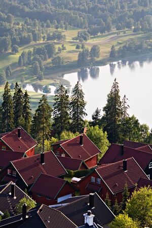 Foreground of dark red house rooftops of a small Scandinavian town and green trees on the background of a scenic lake and misty hills and forest landscape in Norway.の写真素材