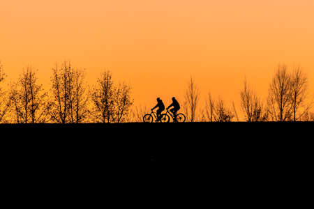 people engaged in outdoor activities during sunset on the boulevardsの写真素材