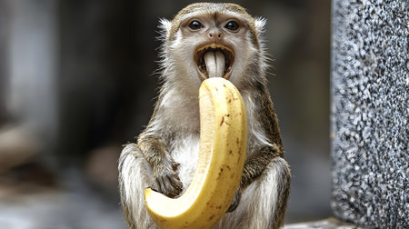 Monkey with a banana in his mouth and showing his teeth.の素材