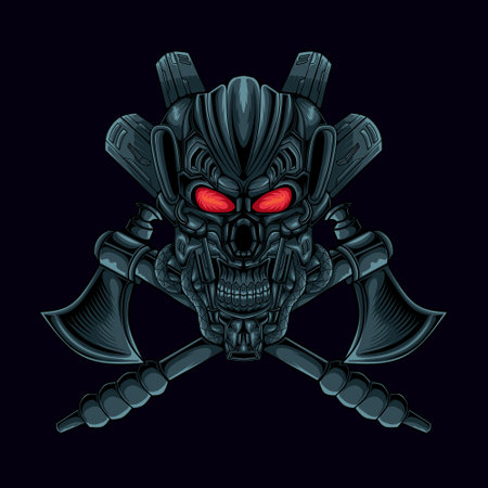 Spooky mecha skull with ax mascot illustration, this is an ideal vector illustration for mascots and tattoos or T-shirt graphicsのイラスト素材