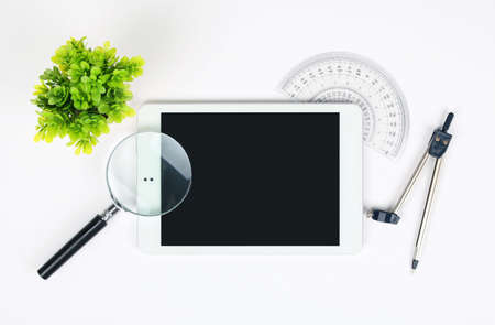 Office desk table with supplies. Top view.の写真素材