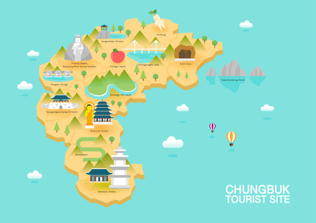 Illustration of flat postcard with famous Korea landmarks icons on the mapのイラスト素材