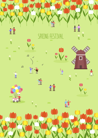 Spring Flower Festival poster with colorful flowers, windmill, balloons and people in flat style Vector illustration.のイラスト素材