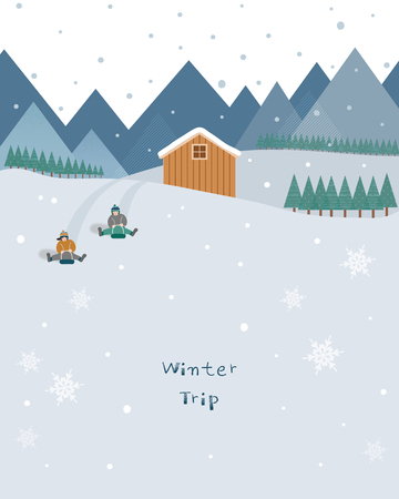 A winter scene in a small snowy house and kids are riding on a snow sled. Flat design vector illustration.のイラスト素材